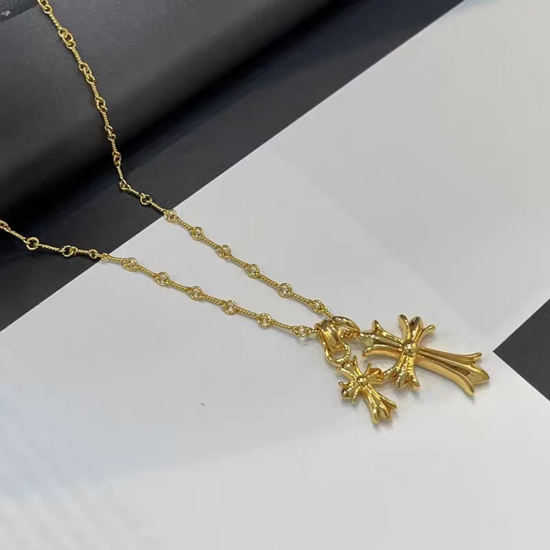 18K Real Gold Plated Double Cross Heart Pendant Necklace for Women – Sparkling Zircon Inlay, 2025 New Design