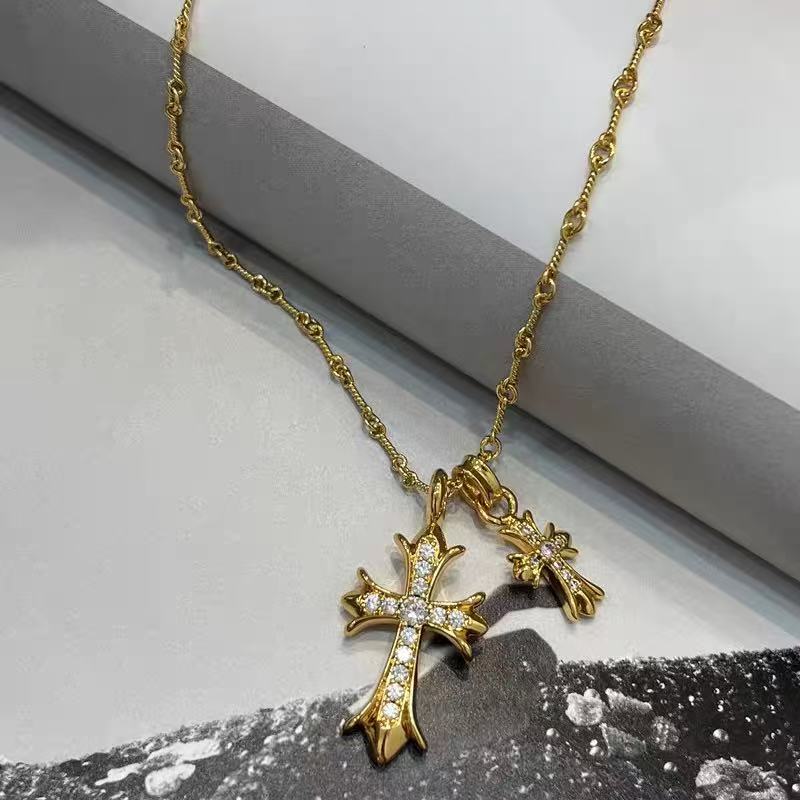 18K Real Gold Plated Double Cross Heart Pendant Necklace for Women – Sparkling Zircon Inlay, 2025 New Design