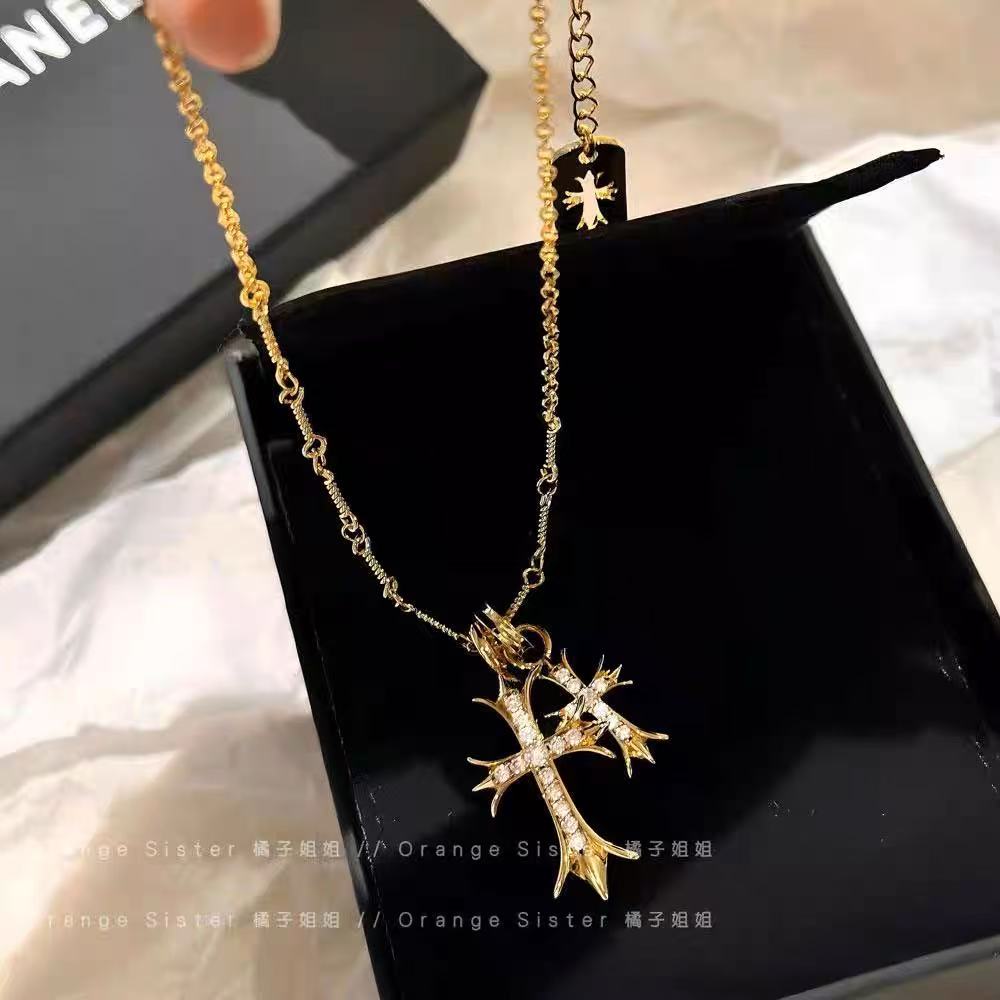 18K Real Gold Plated Double Cross Heart Pendant Necklace for Women – Sparkling Zircon Inlay, 2025 New Design