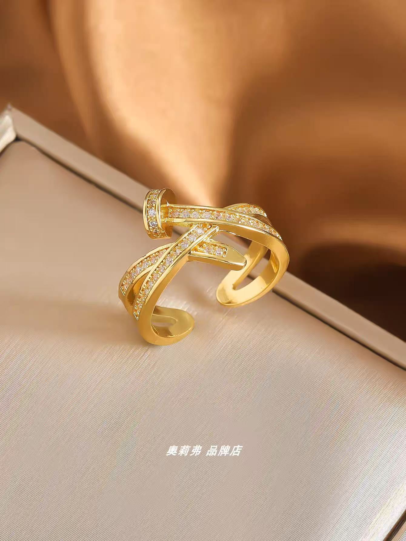 Chic Nail-Shaped Open Ring with Zircon – Elegant, Adjustable, Light Luxury Designer Jewelry
