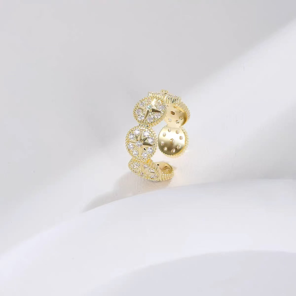 Elegant Copper Jewelry Set – Eight-Pointed Star Open Ring & Bracelet with Full Sparkling Zircon Design, Minimalist Luxury Statement Pieces