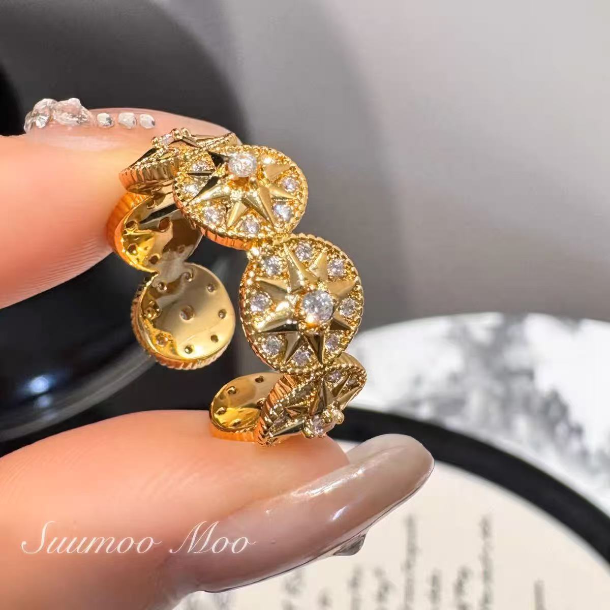 Elegant Copper Jewelry Set – Eight-Pointed Star Open Ring & Bracelet with Full Sparkling Zircon Design, Minimalist Luxury Statement Pieces