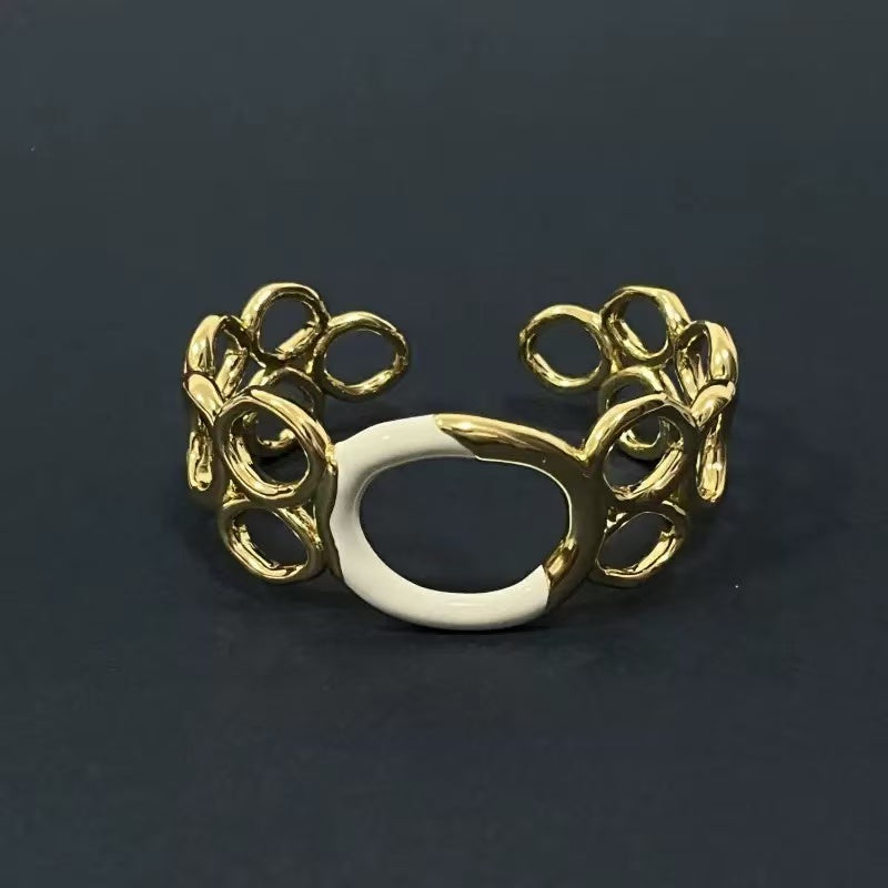 Elegant Hollow Round Ripple Open Bangle – Light Luxury Minimalist European Style, Enamel Drip Color-Block Design