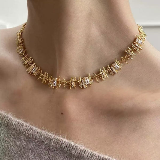 Blogger-Inspired Vintage Braided Zircon Necklace & Stud Earrings for Women – Irregular Designer Style, Silver Metal Collarbone Chain
