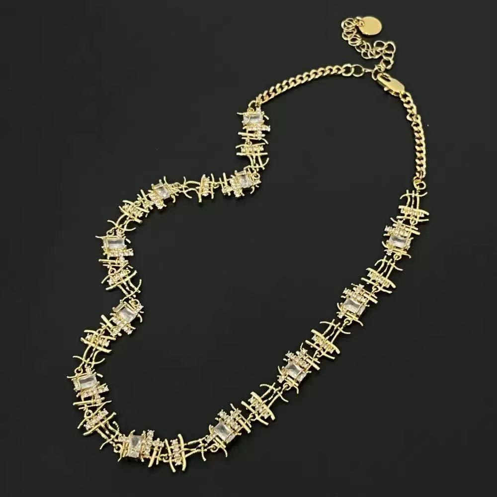 Blogger-Inspired Vintage Braided Zircon Necklace & Stud Earrings for Women – Irregular Designer Style, Silver Metal Collarbone Chain