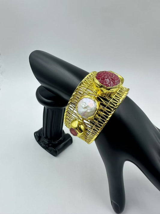 French Vintage Open Gold Bangle for Women – Wide Bracelet with Colorful Gemstones, Minimalist Light Luxury Designer Jewelry