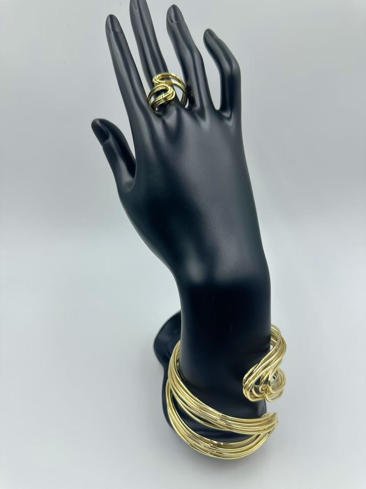 Elegant Multi-Layer Hollow Wrap Bangle & Handcrafted K-Gold Plated Adjustable Ring – Sophisticated 2025 Light Luxury Minimalist Jewelry Set