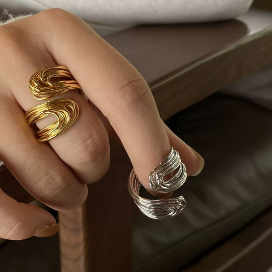 Elegant Multi-Layer Hollow Wrap Bangle & Handcrafted K-Gold Plated Adjustable Ring – Sophisticated 2025 Light Luxury Minimalist Jewelry Set