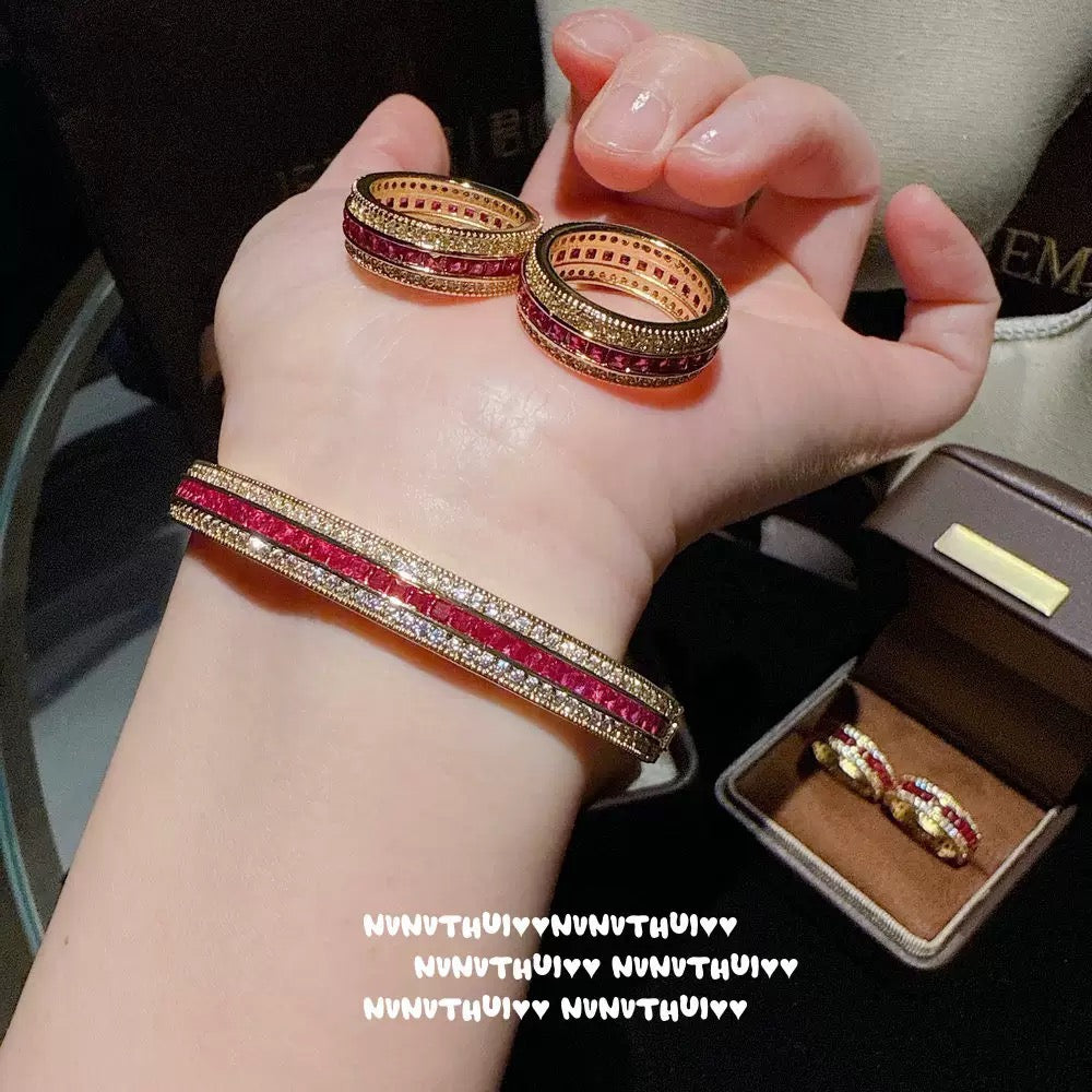 The Unstoppable Red – Triple Diamond Row Ruby Bracelet & “Rose Romance” New Chinese-Style Ruby Ring Set