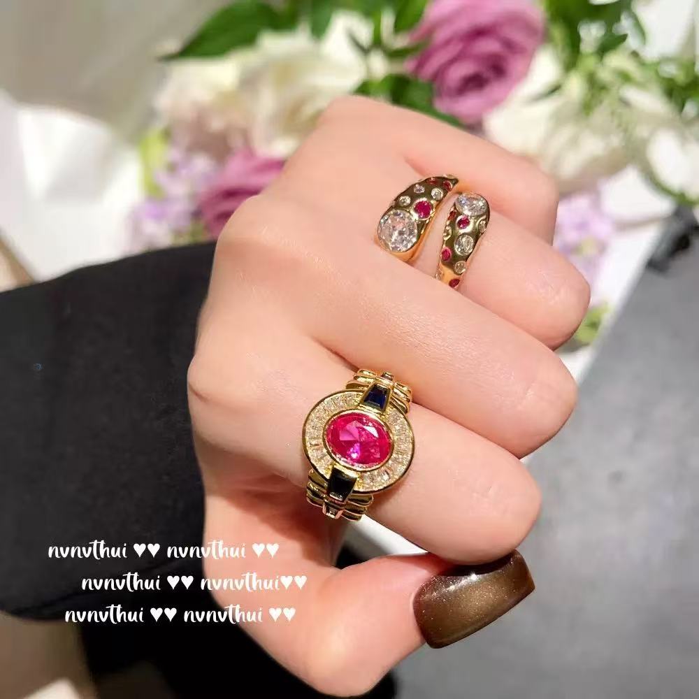 Elegant Vintage Rose Pink Oval Adjustable Ring and Stylish Gold-Plated Two-Tone Dopamine Zircon Wrap Open Ring – Trendy Statement Jewelry Set