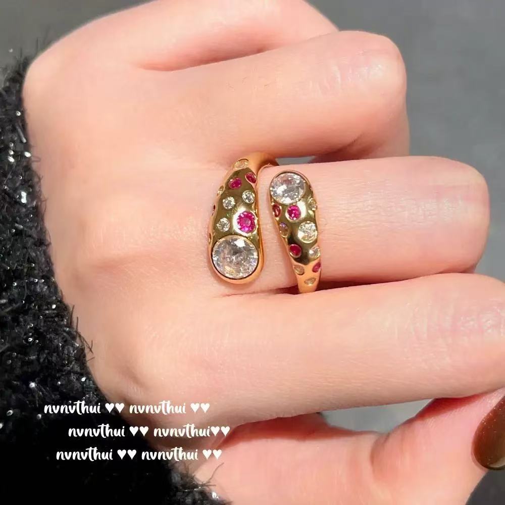 Elegant Vintage Rose Pink Oval Adjustable Ring and Stylish Gold-Plated Two-Tone Dopamine Zircon Wrap Open Ring – Trendy Statement Jewelry Set
