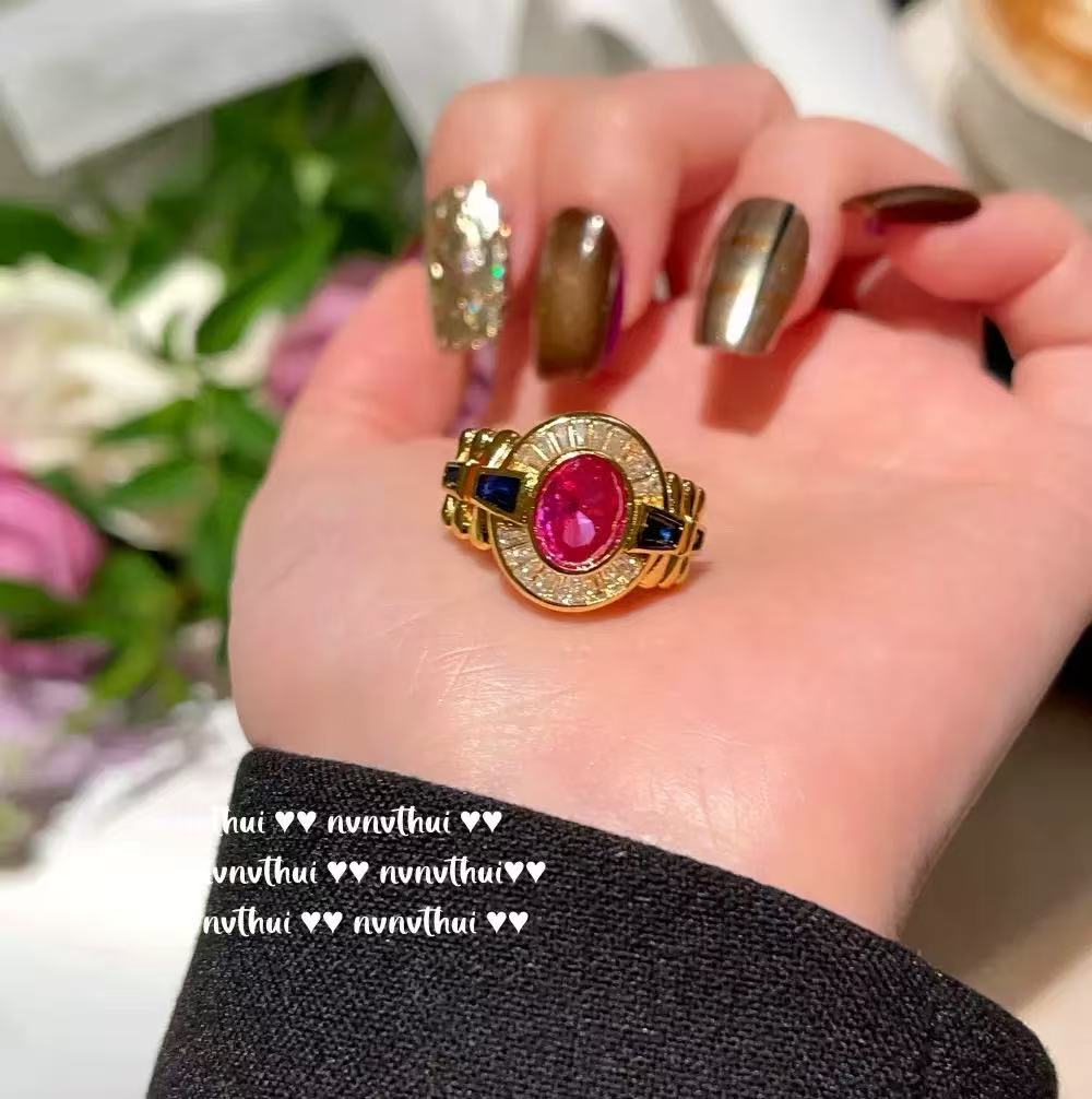 Elegant Vintage Rose Pink Oval Adjustable Ring and Stylish Gold-Plated Two-Tone Dopamine Zircon Wrap Open Ring – Trendy Statement Jewelry Set