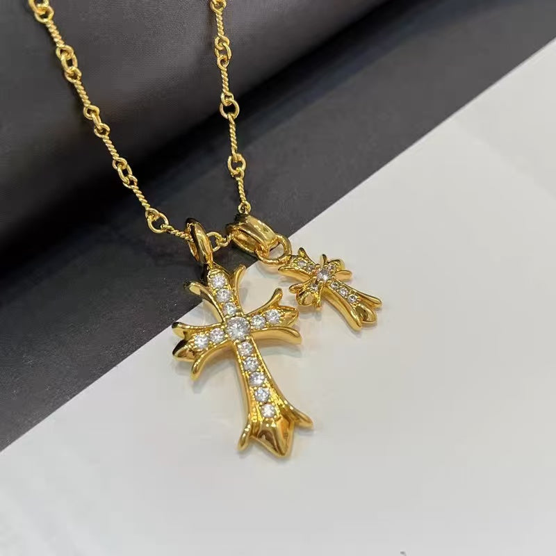 18K Real Gold Plated Double Cross Heart Pendant Necklace for Women – Sparkling Zircon Inlay, 2025 New Design