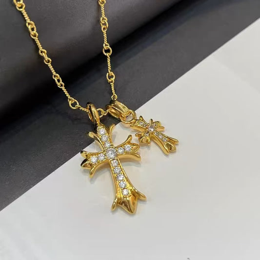 18K Real Gold Plated Double Cross Heart Pendant Necklace for Women – Sparkling Zircon Inlay, 2025 New Design