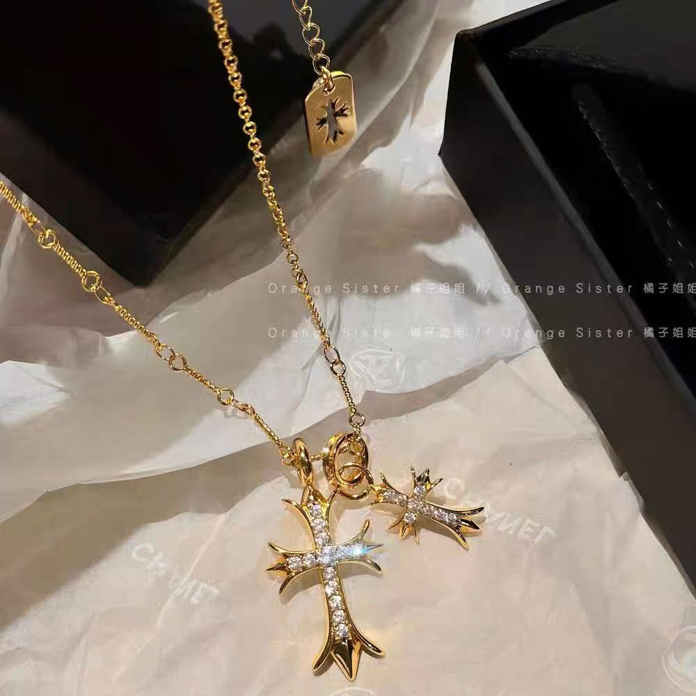 18K Real Gold Plated Double Cross Heart Pendant Necklace for Women – Sparkling Zircon Inlay, 2025 New Design