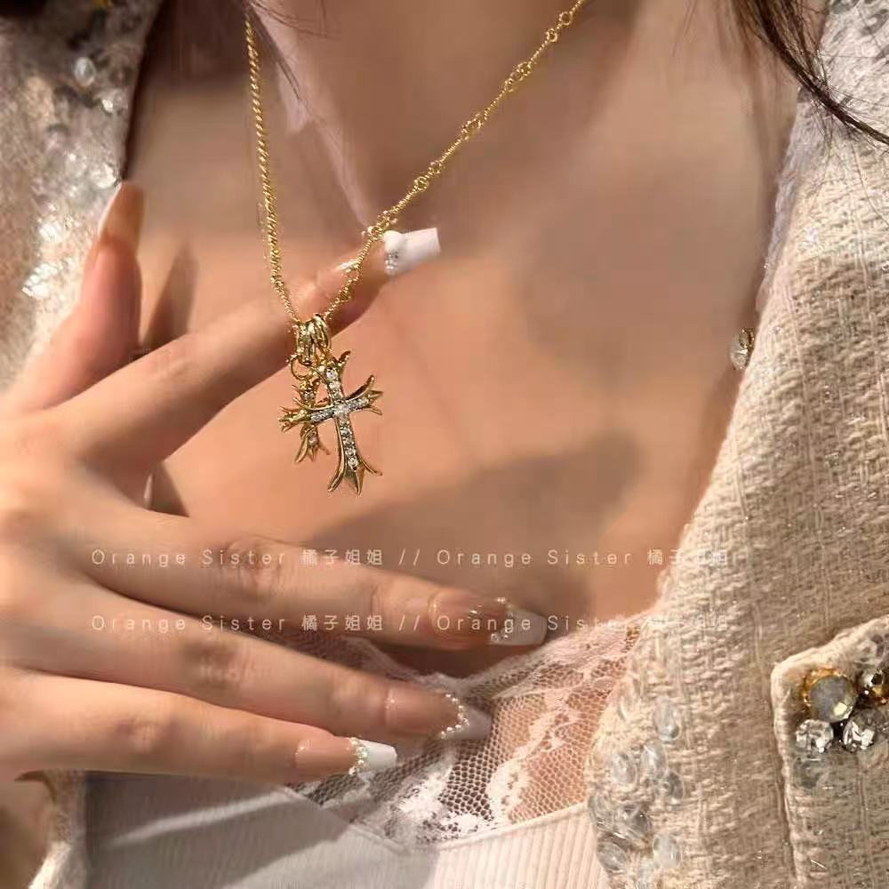 18K Real Gold Plated Double Cross Heart Pendant Necklace for Women – Sparkling Zircon Inlay, 2025 New Design