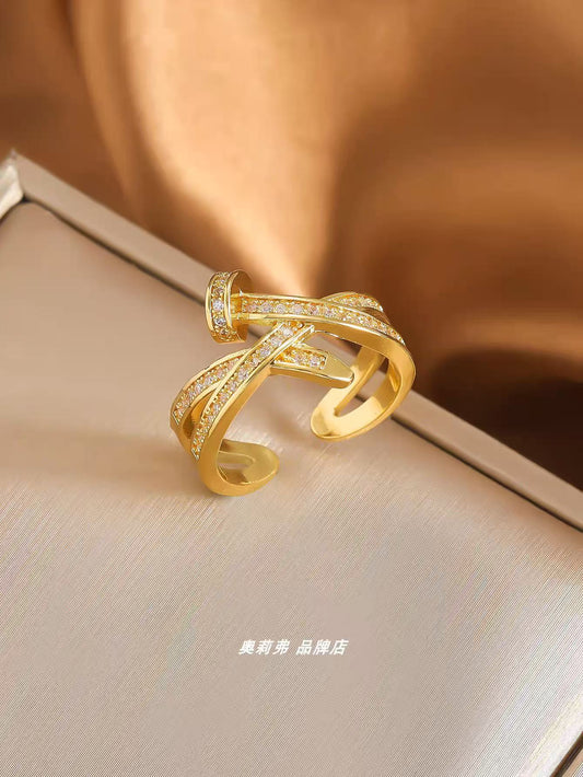 Chic Nail-Shaped Open Ring with Zircon – Elegant, Adjustable, Light Luxury Designer Jewelry