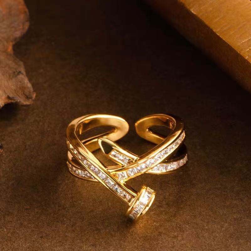 Chic Nail-Shaped Open Ring with Zircon – Elegant, Adjustable, Light Luxury Designer Jewelry