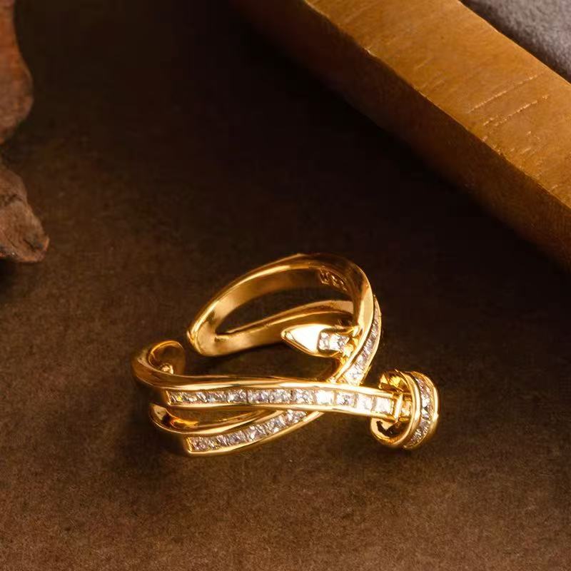 Chic Nail-Shaped Open Ring with Zircon – Elegant, Adjustable, Light Luxury Designer Jewelry