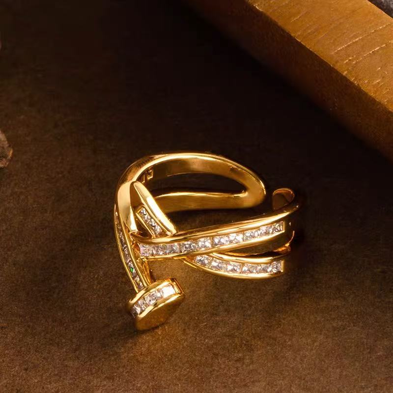 Chic Nail-Shaped Open Ring with Zircon – Elegant, Adjustable, Light Luxury Designer Jewelry