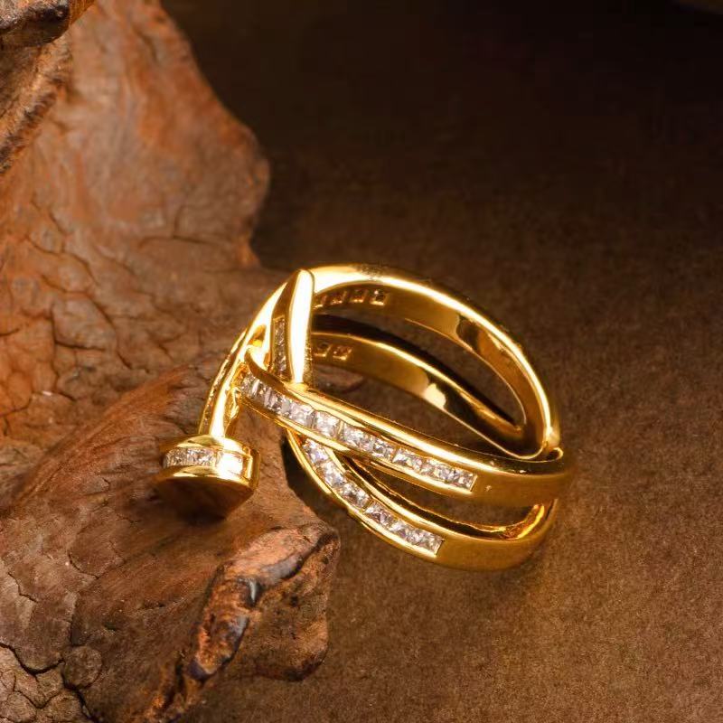 Chic Nail-Shaped Open Ring with Zircon – Elegant, Adjustable, Light Luxury Designer Jewelry