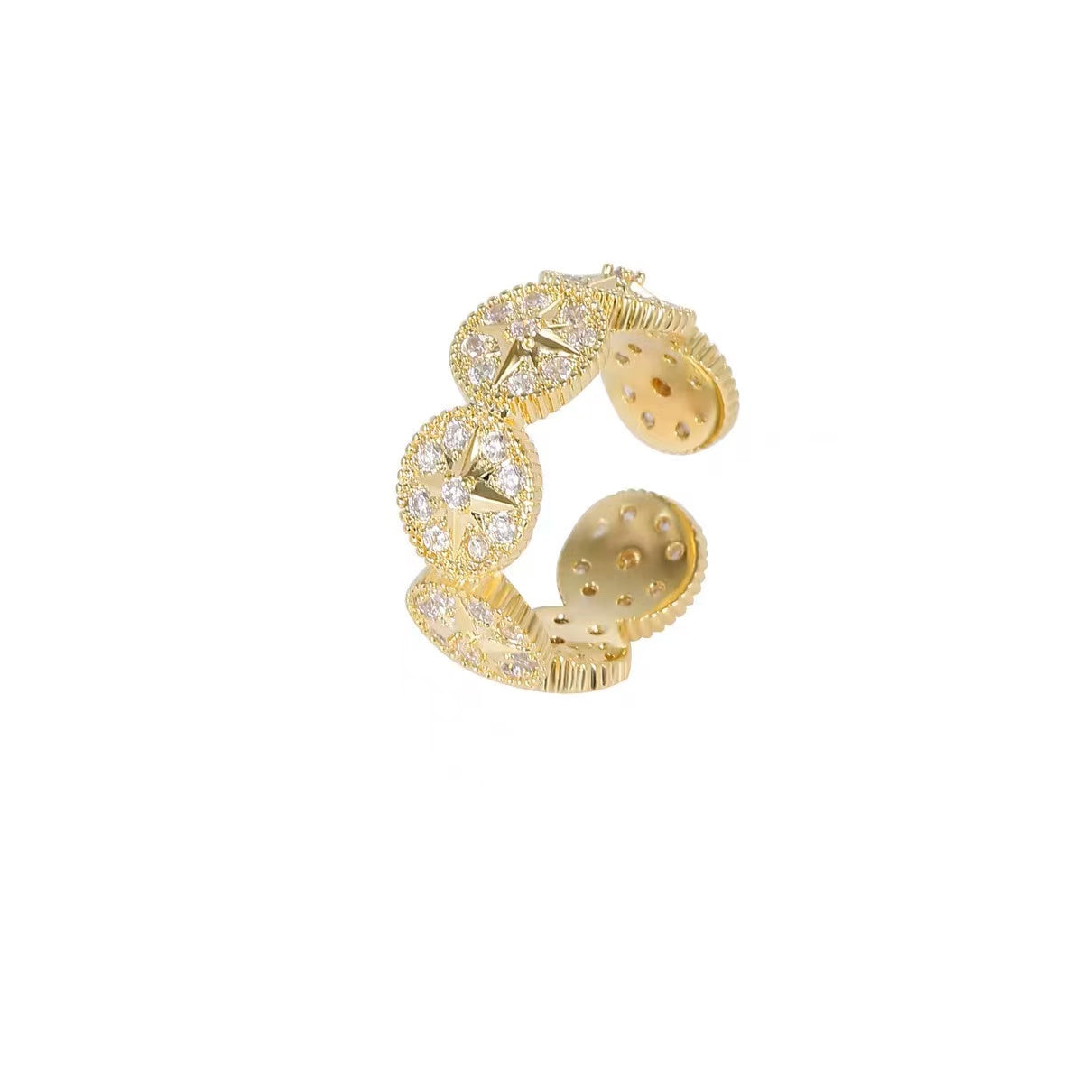 Elegant Copper Jewelry Set – Eight-Pointed Star Open Ring & Bracelet with Full Sparkling Zircon Design, Minimalist Luxury Statement Pieces