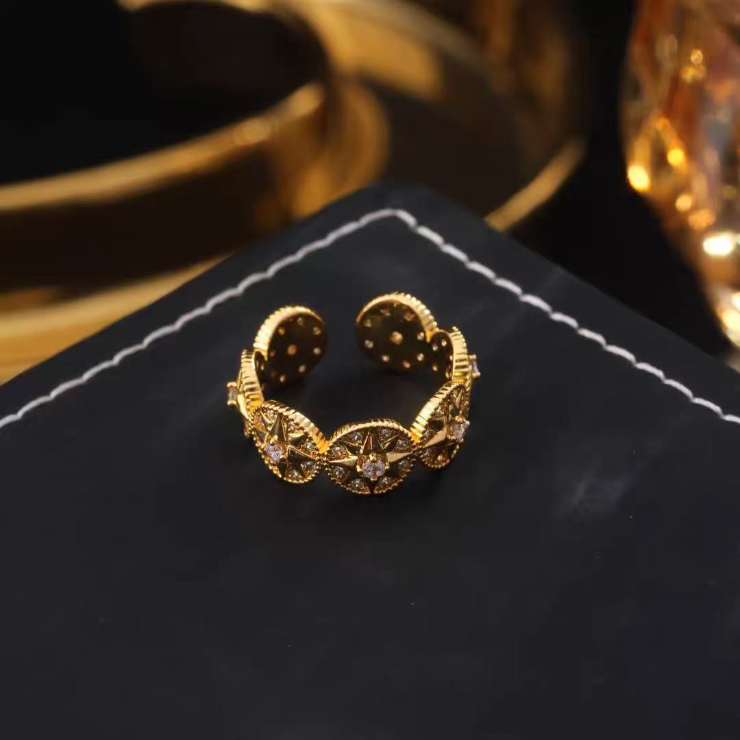 Elegant Copper Jewelry Set – Eight-Pointed Star Open Ring & Bracelet with Full Sparkling Zircon Design, Minimalist Luxury Statement Pieces