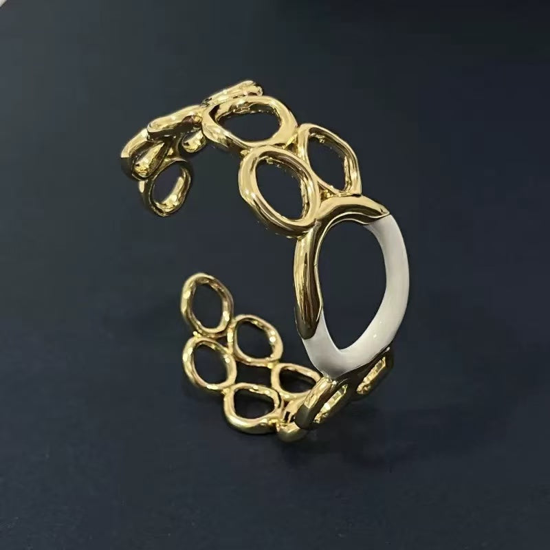 Elegant Hollow Round Ripple Open Bangle – Light Luxury Minimalist European Style, Enamel Drip Color-Block Design