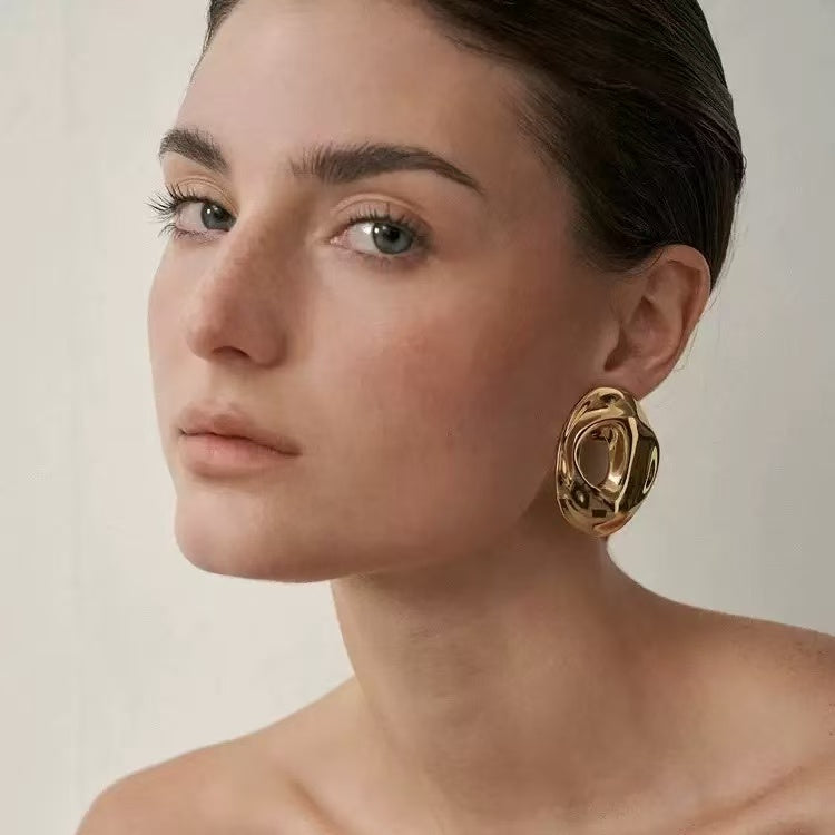 Elegant Large Stud Earrings – 18K Gold-Plated Copper with Sophisticated Enamel Finish, Minimalist Designer Jewelry, Zhang Xiaofei Signature Style