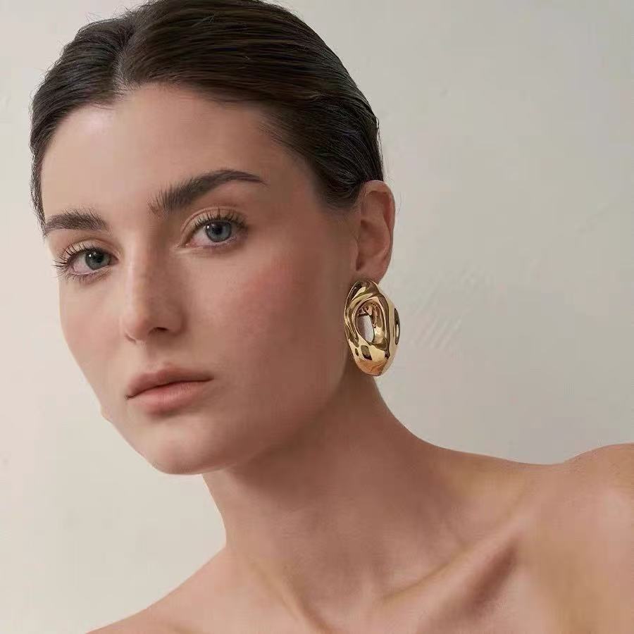 Elegant Large Stud Earrings – 18K Gold-Plated Copper with Sophisticated Enamel Finish, Minimalist Designer Jewelry, Zhang Xiaofei Signature Style