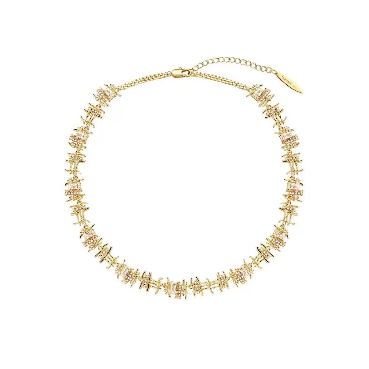 Blogger-Inspired Vintage Braided Zircon Necklace & Stud Earrings for Women – Irregular Designer Style, Silver Metal Collarbone Chain