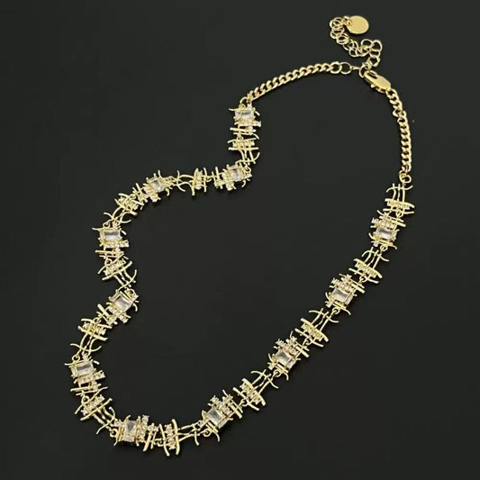 Blogger-Inspired Vintage Braided Zircon Necklace & Stud Earrings for Women – Irregular Designer Style, Silver Metal Collarbone Chain