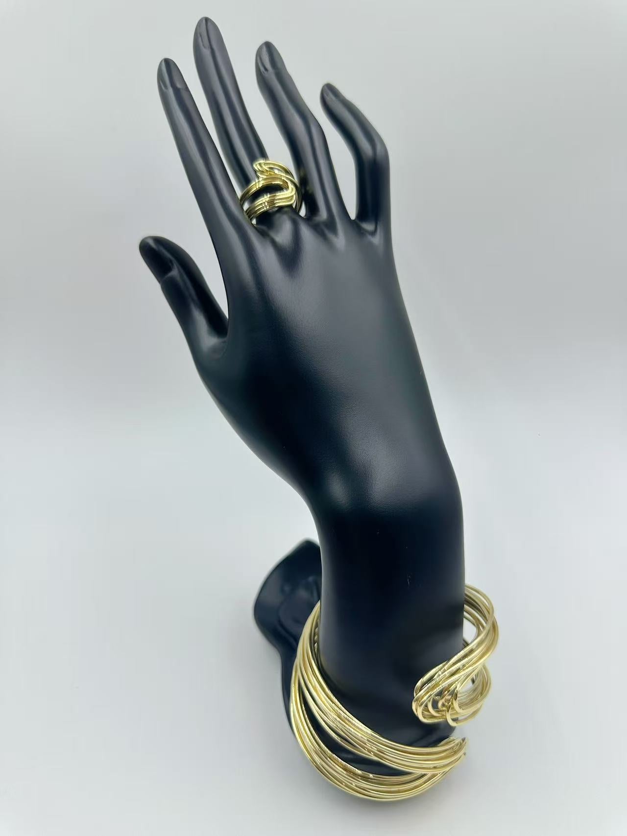 Elegant Multi-Layer Hollow Wrap Bangle & Handcrafted K-Gold Plated Adjustable Ring – Sophisticated 2025 Light Luxury Minimalist Jewelry Set