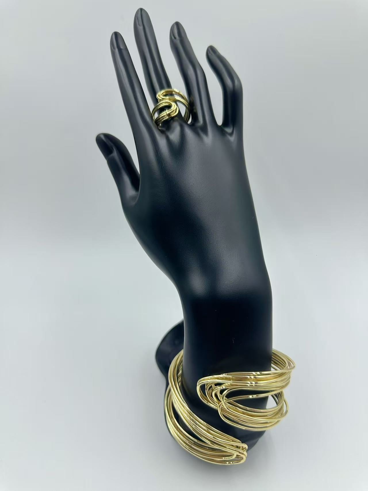 Elegant Multi-Layer Hollow Wrap Bangle & Handcrafted K-Gold Plated Adjustable Ring – Sophisticated 2025 Light Luxury Minimalist Jewelry Set